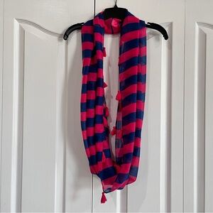 Dark pink magenta and blue stripe infinity scarf with tassels